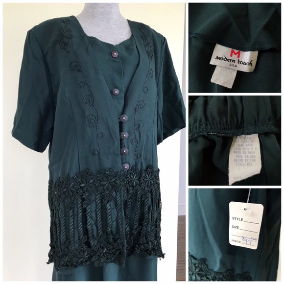 Modern Touch Forest Green Braided Embroidery Two piece Skirt Set with Jacket - Picture 3 of 4